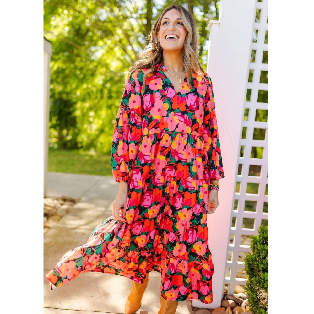 Floral Tiered Midi Dress Long Sleeve Pink Orange Red Boho Relaxed Fit V-Neck